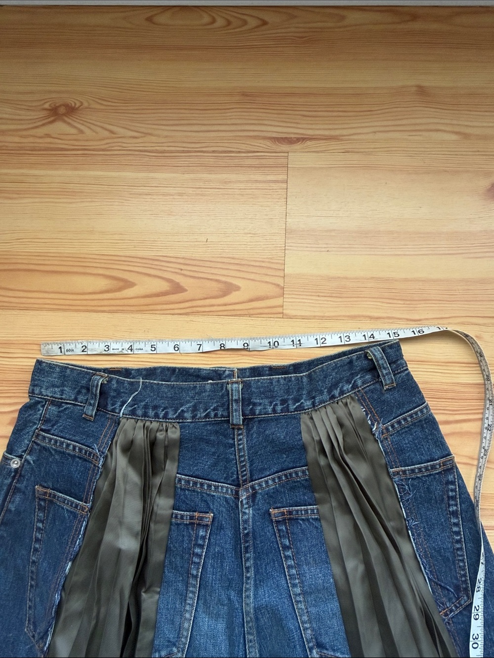 Sacai 3 Denim Panel Midi Skirt with Olive Pleated Insets - Picture 4 of 6